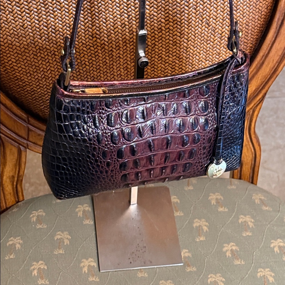 Brahmin Purple and Black Crocodile-Embossed Mini Meg Bag